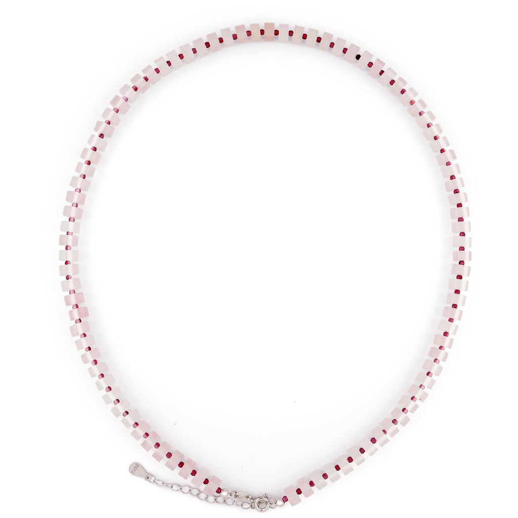 Natural Rose Quartz disc beads choker necklace with crimson garnet spacers in S925 sterling silver

