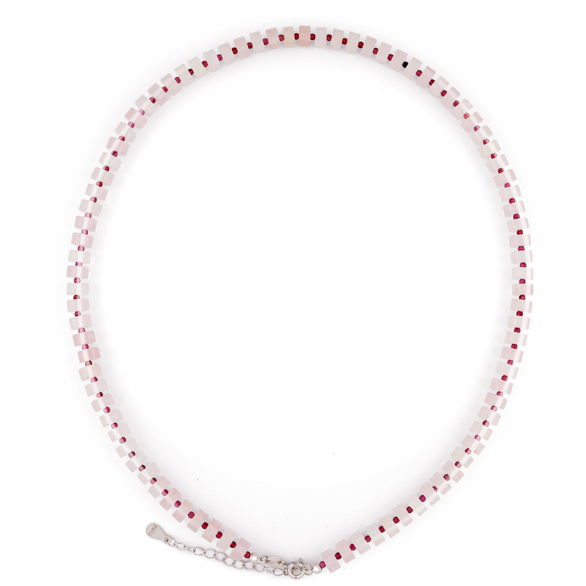 Natural Rose Quartz disc beads choker necklace with crimson garnet spacers in S925 sterling silver
