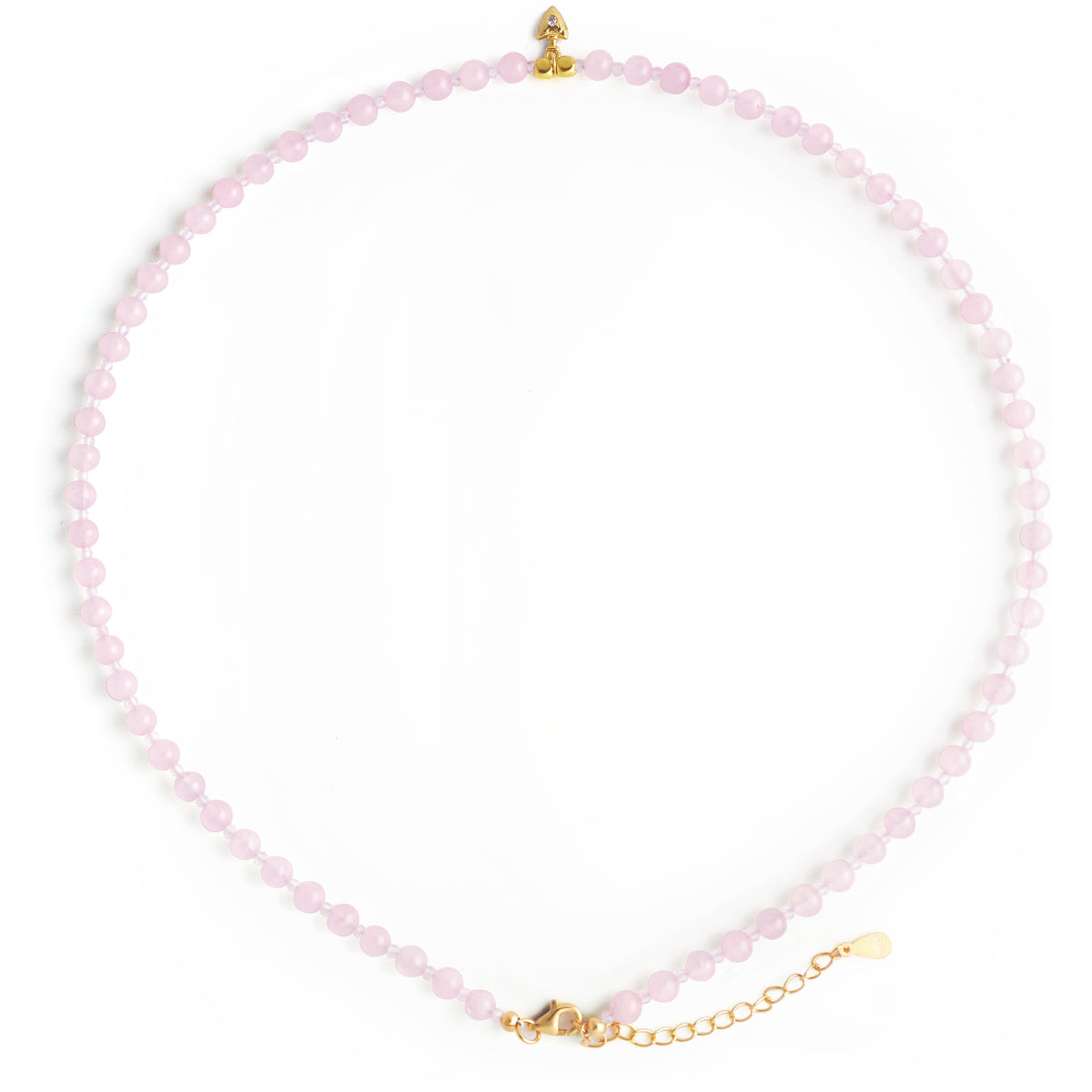 Natural pink Rose Quartz round beaded choker necklace with gold S925 silver arrow charm
