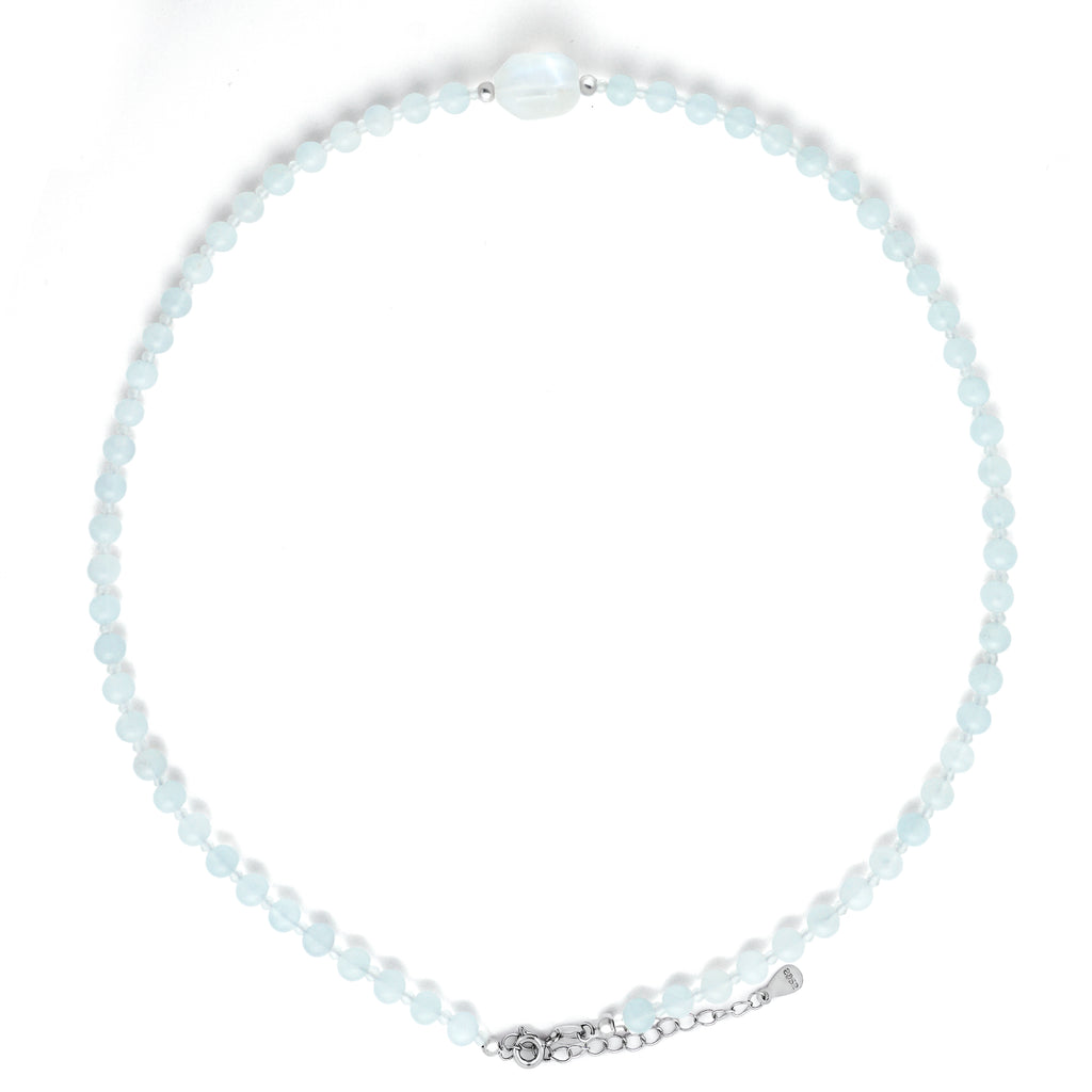 Natural Aquamarine round beaded choker necklace with central Moonstone bead and S925 silver extender chain
