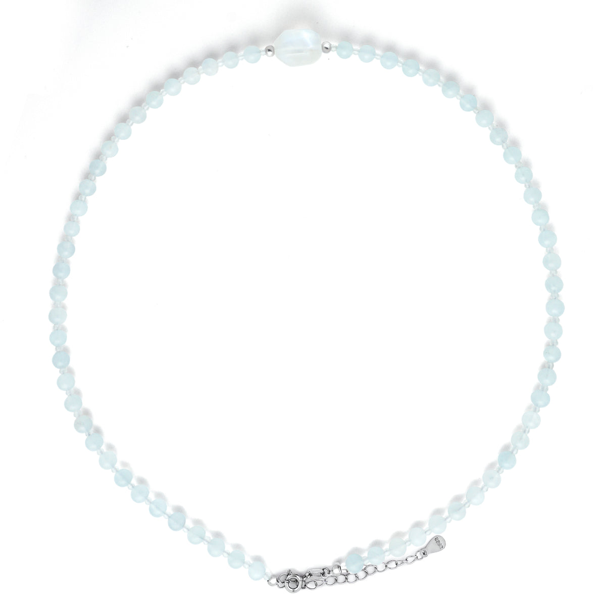 Natural Aquamarine round beaded choker necklace with central Moonstone bead and S925 silver extender chain

