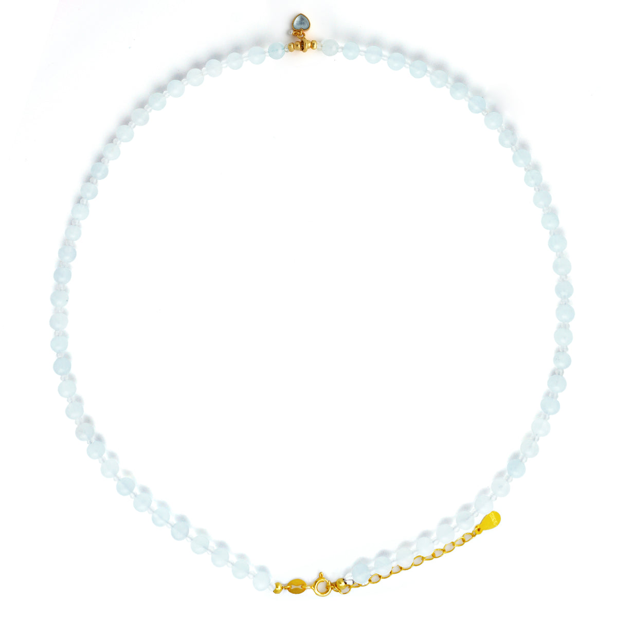 Natural light blue Aquamarine beaded choker necklace with 18k gold plated S925 silver heart charm
