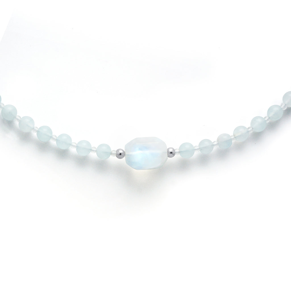 Close up detail of natural Rainbow Moonstone focal bead on light blue Aquamarine beads with S925 silver spacers
