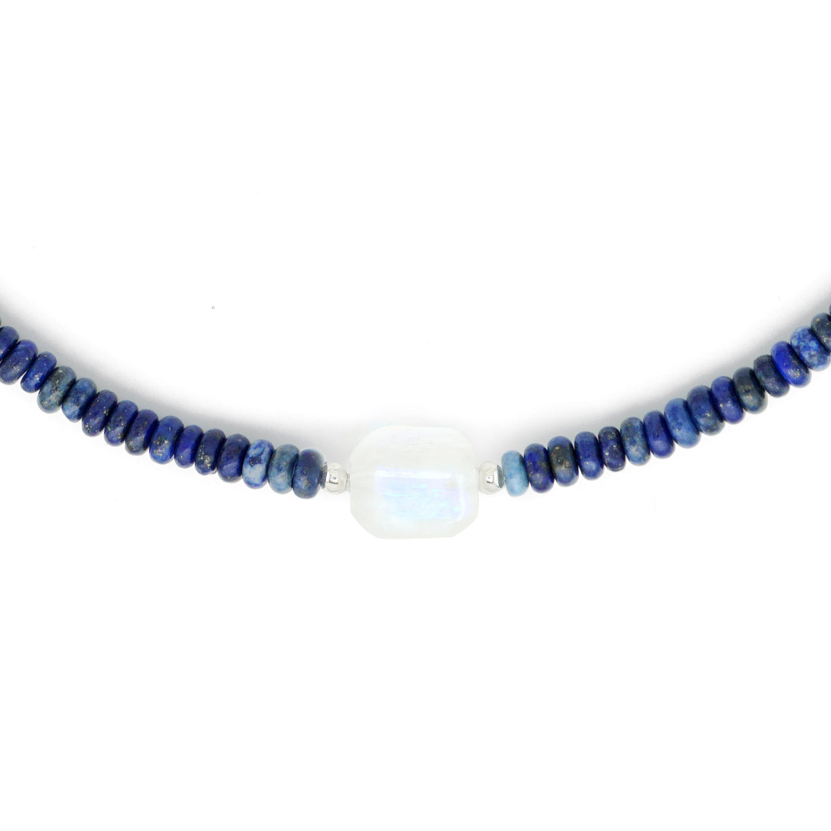 Close up detail of natural blue Moonstone focal bead on deep blue Lapis Lazuli abacus beads with S925 silver spacers
