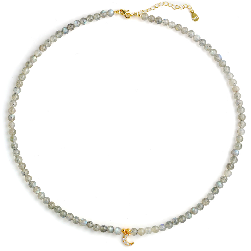 Natural Labradorite beaded choker necklace with gold S925 silver CZ crescent moon pendant
