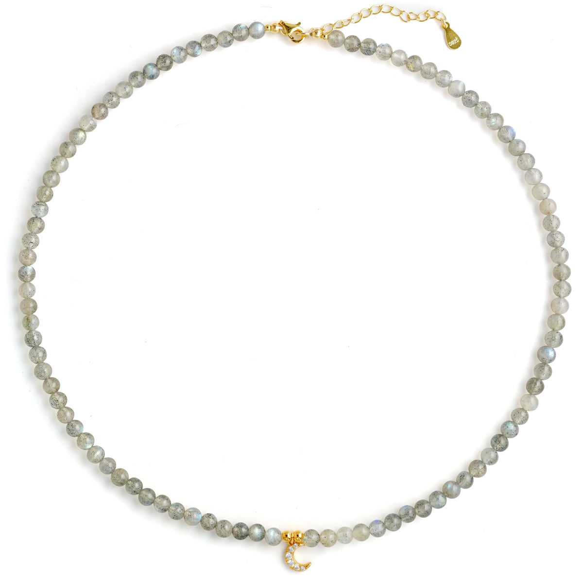 Natural Labradorite beaded choker necklace with gold S925 silver CZ crescent moon pendant
