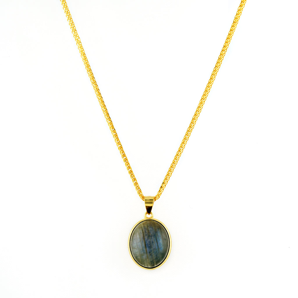 Natural oval blue flash Labradorite pendant necklace on 18k gold plated S925 sterling silver Chopin chain
