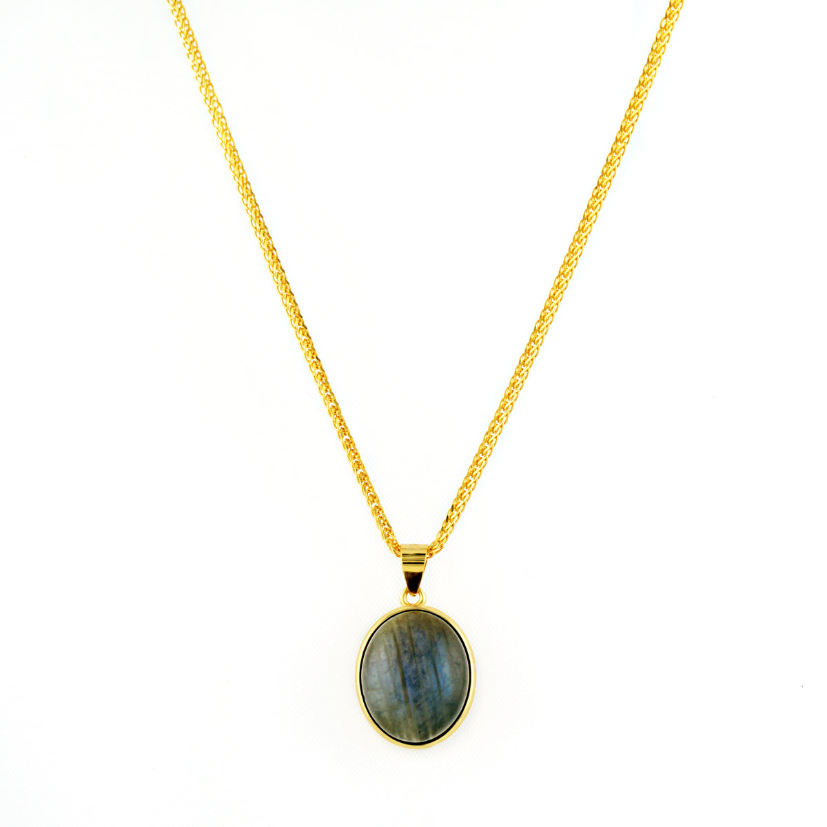 Natural oval blue flash Labradorite pendant necklace on 18k gold plated S925 sterling silver Chopin chain
