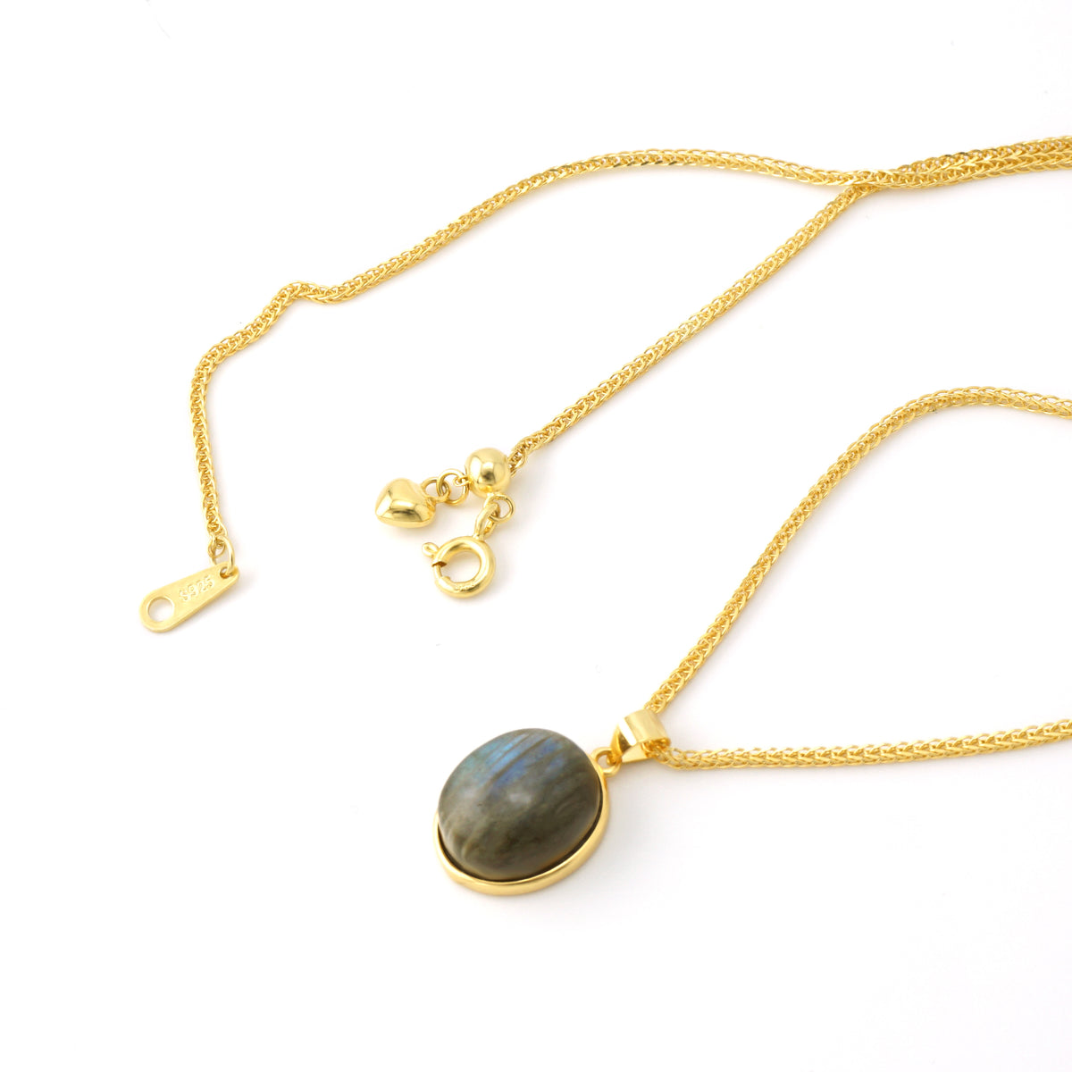 Natural Labradorite oval gold pendant with adjustable silicone slider bead mechanism on S925 silver Chopin chain
