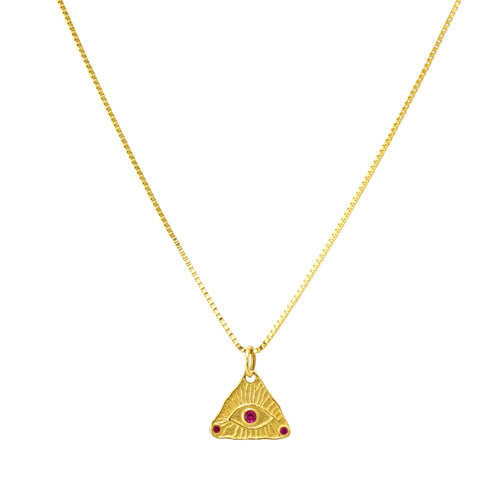 Textured triangle Evil Eye pendant necklace with pink cubic zirconia accents in 18k gold plated S925 sterling silver
