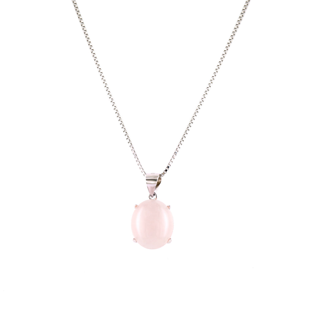 Natural Rose Quartz oval cabochon pendant necklace in S925 sterling silver box chain
