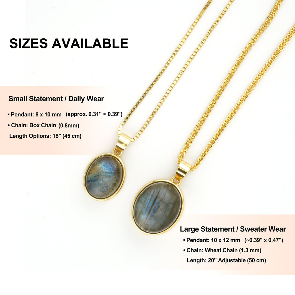 Size comparison guide for Small daily wear box chain and Large sweater wear wheat chain natural Labradorite gold pendants

