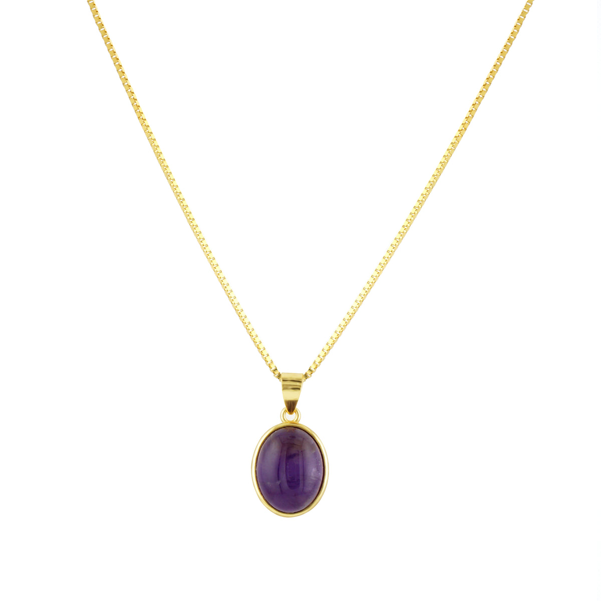 Natural Amethyst oval cabochon pendant necklace in 18k gold plated S925 sterling silver box chain
