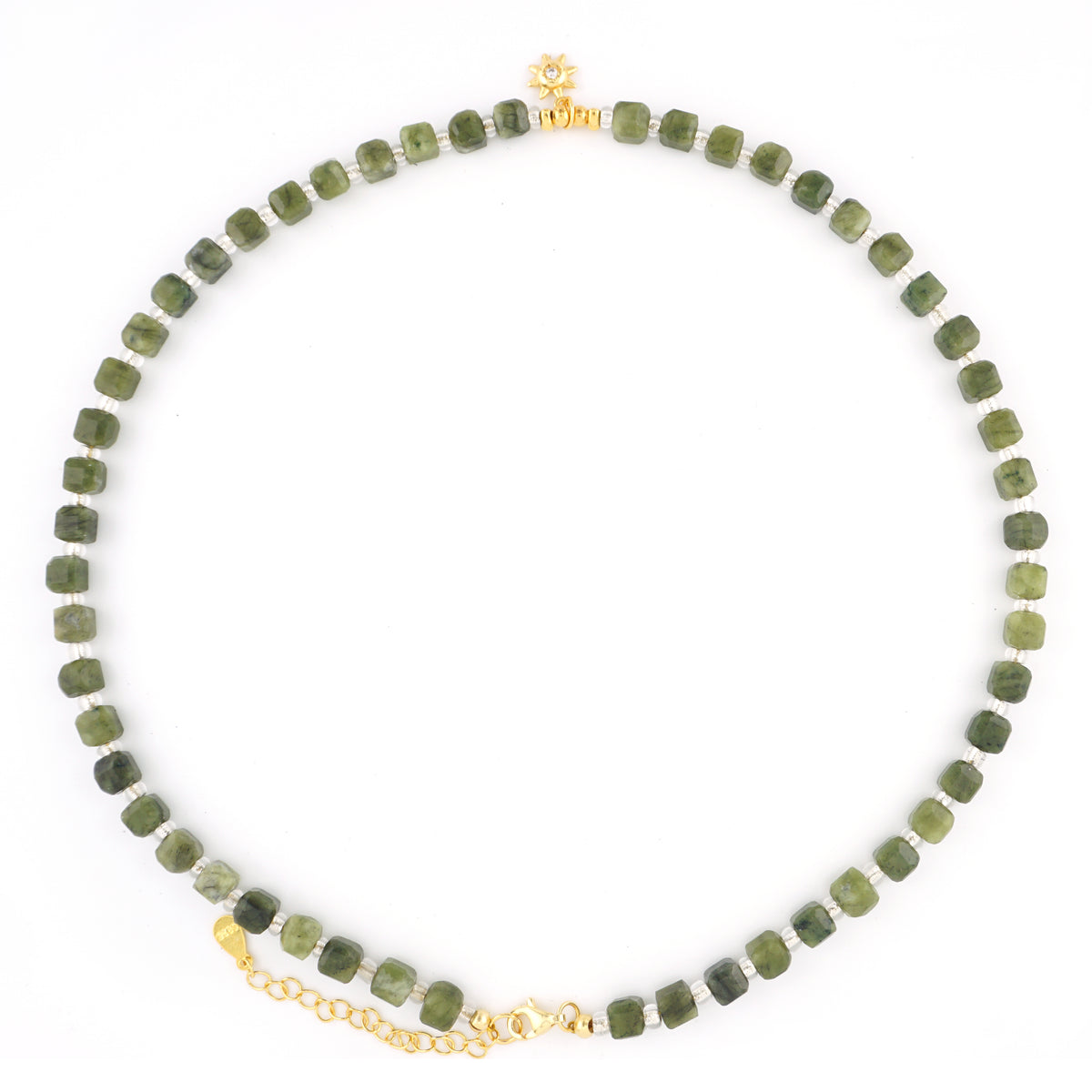Natural cut green Southern Jade cube beaded choker necklace with gold S925 silver sunburst pendant
