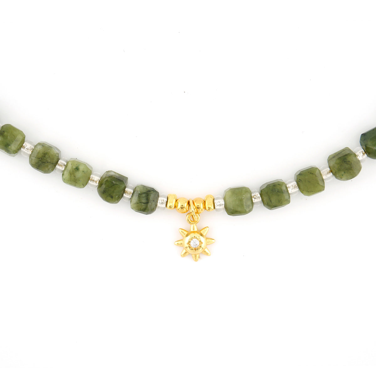 Close up detail of 18k gold plated S925 silver CZ sunburst charm on natural cut Southern Jade beads
