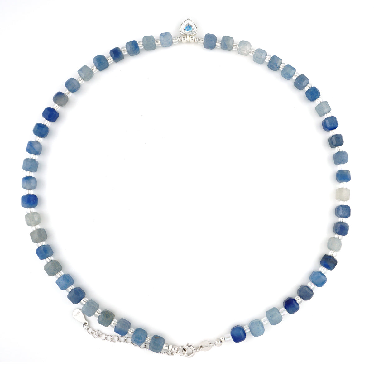 Natural Blue Aventurine faceted cube beads choker necklace with S925 silver heart pendant
