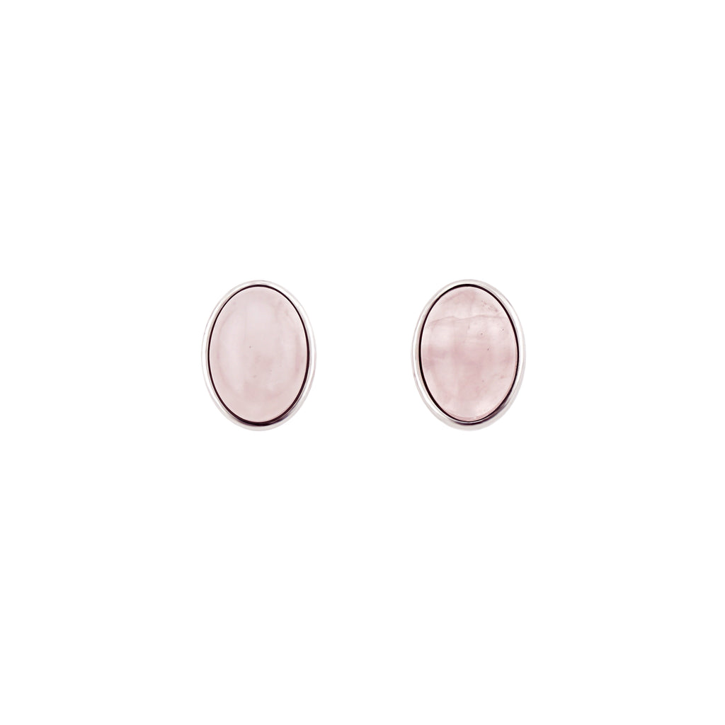 Front view of soft pink natural Rose Quartz oval stud earrings with S925 silver frame
