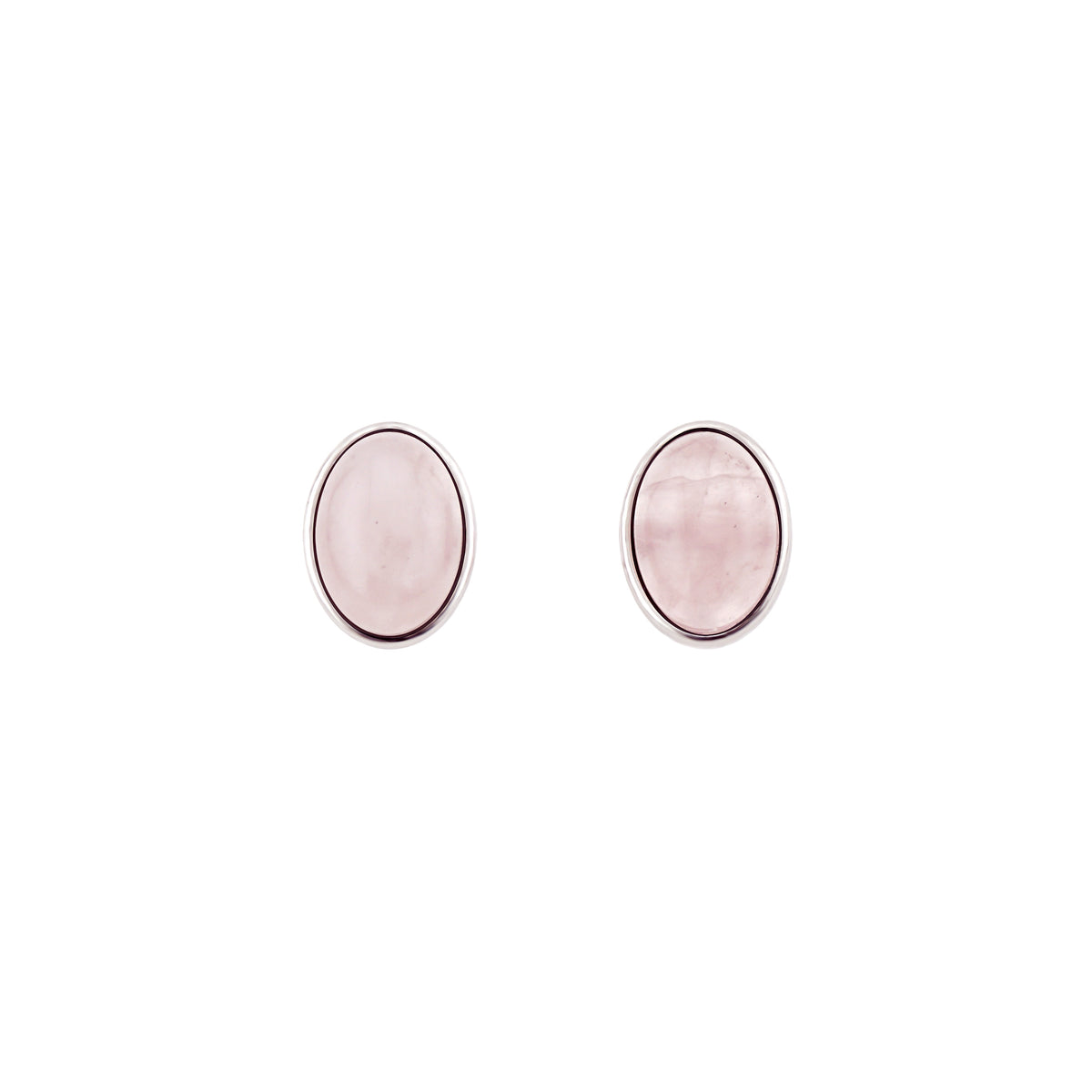 Front view of soft pink natural Rose Quartz oval stud earrings with S925 silver frame
