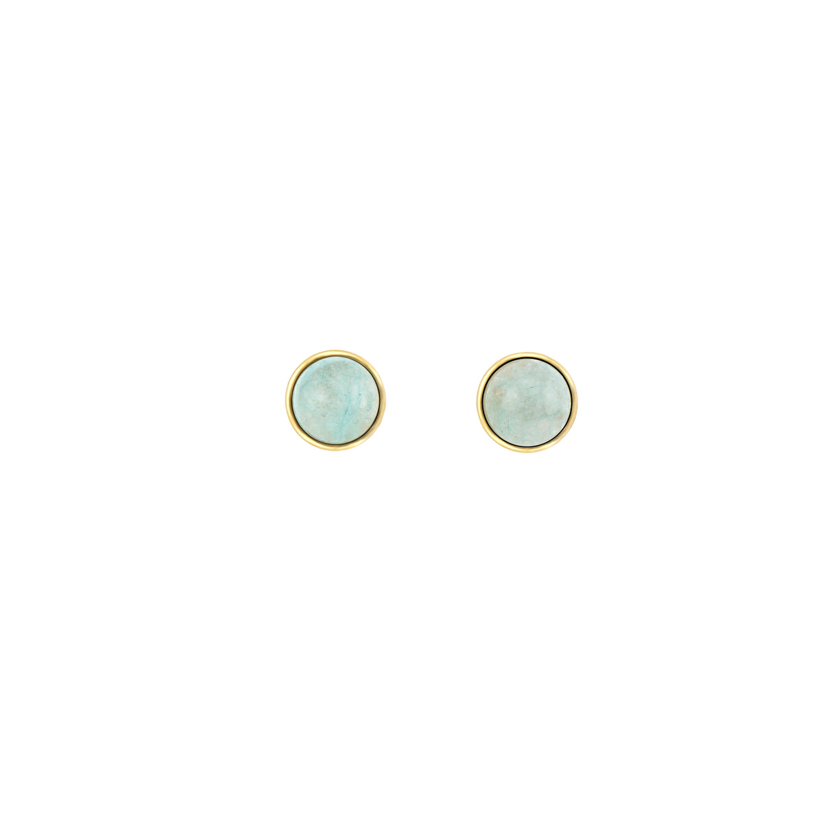 Side view of round natural Aquamarine cabochon gold stud earrings showing 18k gold plated bezel setting
