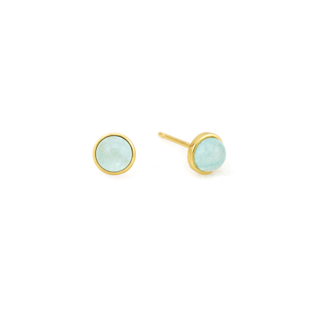 Pair of round cabochon natural Aquamarine stud earrings in 18k gold plated S925 sterling silver bezel setting
