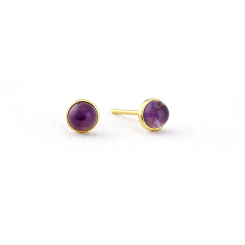Pair of round cabochon natural Amethyst stud earrings in 18k gold plated S925 sterling silver bezel setting
