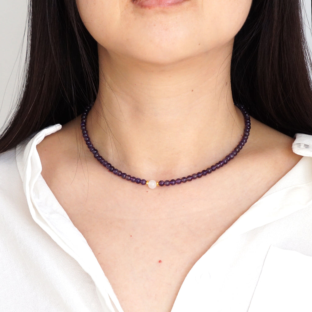 Natural Amethyst & Clear Quartz Beaded Choker | S925 Gold Necklace