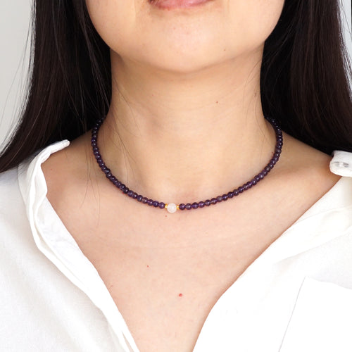 Natural Amethyst & Clear Quartz Beaded Choker | S925 Gold Necklace