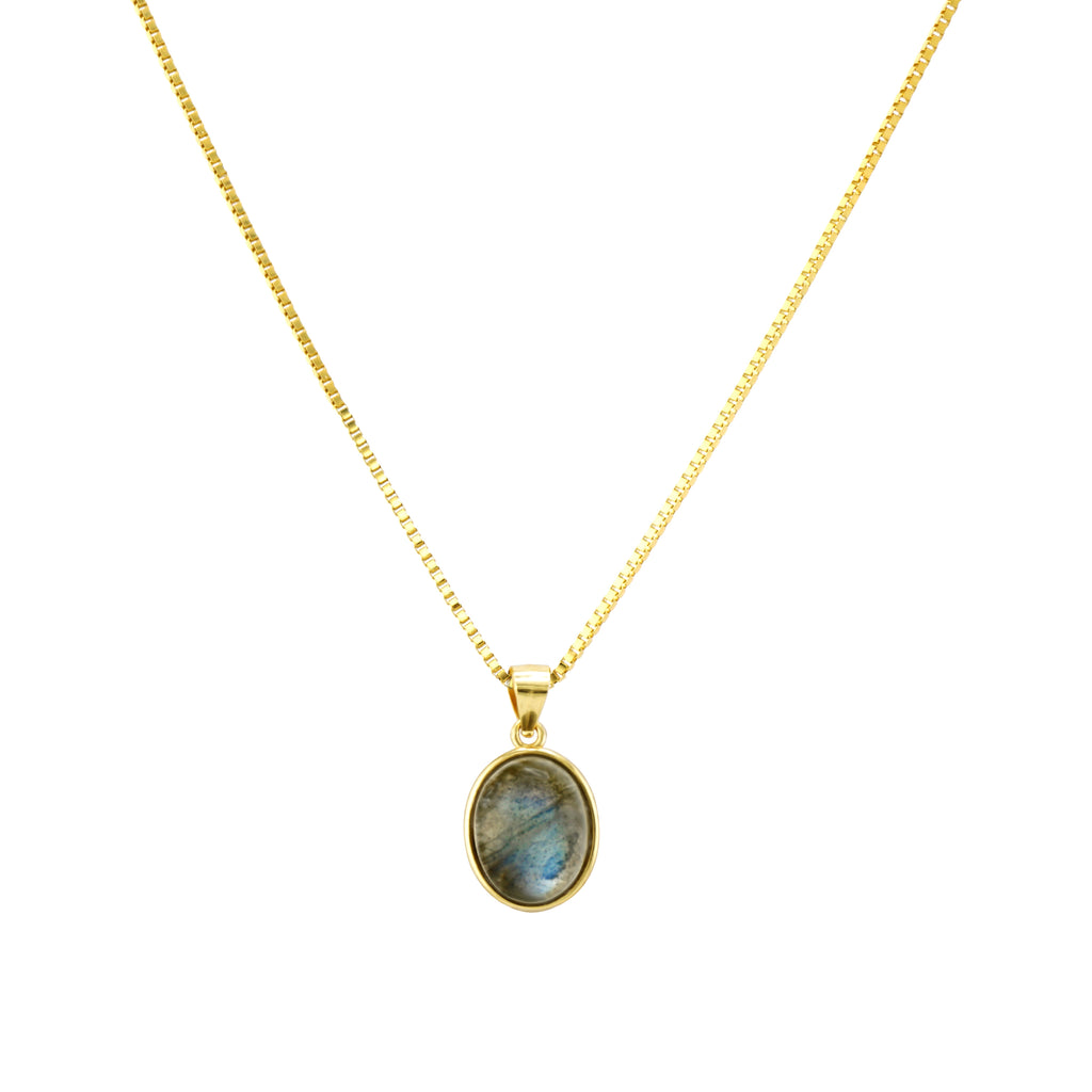 Natural oval blue flash Labradorite pendant necklace on 18k gold plated S925 sterling silver box chain
