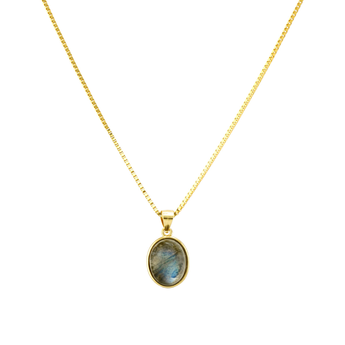 Natural oval blue flash Labradorite pendant necklace on 18k gold plated S925 sterling silver box chain
