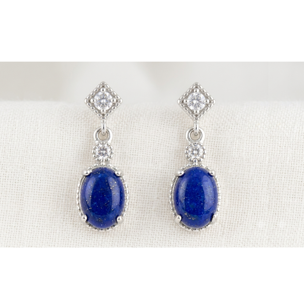 Pair of oval natural Lapis Lazuli drop earrings with sparkling cubic zirconia accents in S925 sterling silver
